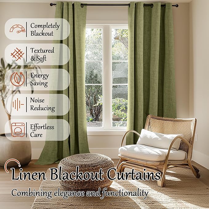 Olive Green Linen Blackout Curtains - 84 Inch Long Total Black Out Curtains for Bedroom Living Room, Thermal Insulated Room Darkening Light Blocking Faux Linen Curtains Each 52x84 Inch 2 Panels