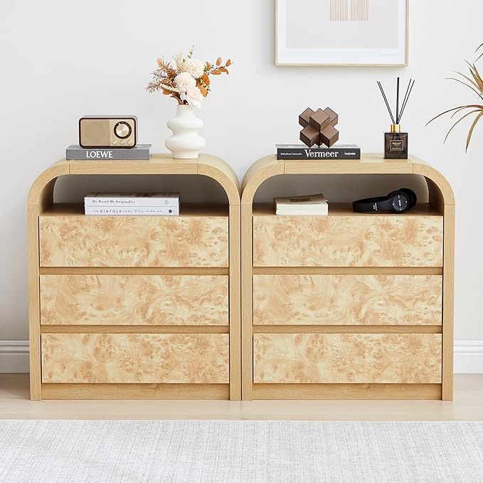 3 Drawer Dresser for Bedroom, Modern Chest of Drawers with Open Shelf, Burl Wood Tall Nightstand End Table for Living Room, Hallway (Natural)
