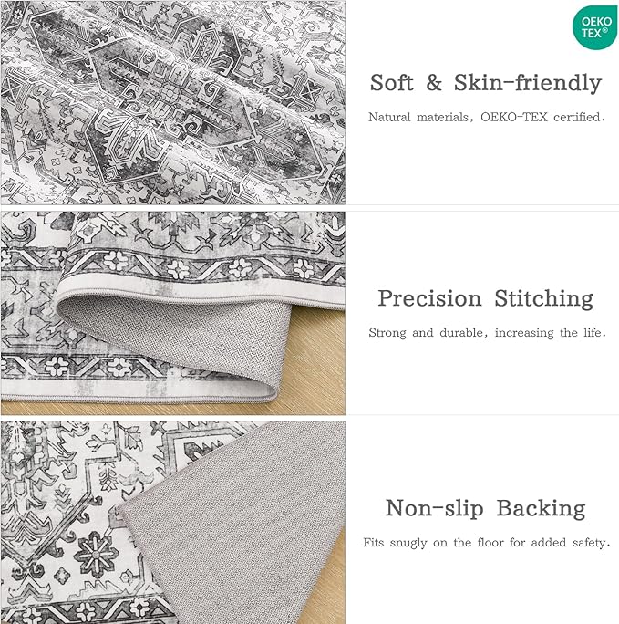zesthome 6x9 Area Rug, Super Soft Washable Rugs for Living Room, Non-Slip Stain Resistant Vintage Rugs, Ultra-Thin Large Area Rugs (Grey/White,6'x9')