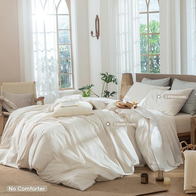 MooMee Striped Duvet Cover Set 100% Washed Cotton Linen Like Textured Breathable Durable Soft Comfy (Almond Milk Grey Pinstripes, Queen 90"x90")