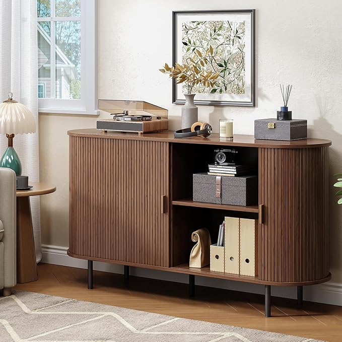 Buffet Cabinet with Storage, 55" Fluted Sideboard Buffet with Sliding Door, Coffee Bar Cabinet with Adjustable Shelf, Console Table, Accent Table for Entryway, Kitchen, Dining Room, Walnut