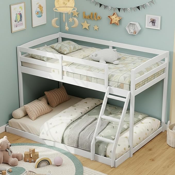 KOMFOTT Low Bunk Bed Twin Over Full, Solid Wood Twin Bed Frame with Built-in Ladder & Safety Guardrails, Space-Saving Low Bunk Bed for Kids, Teens, No Box Spring Needed