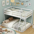 KOMFOTT Low Bunk Bed Twin Over Full, Solid Wood Twin Bed Frame with Built-in Ladder & Safety Guardrails, Space-Saving Low Bunk Bed for Kids, Teens, No Box Spring Needed