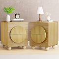 23" Fluted Nightstand with Solid Wood Legs Set of 2, Modern Style Natural Bedside Table with Round Moon Handle & Storage, Mid Century Cute Night Stand for Bedroom, Side Table, End Table