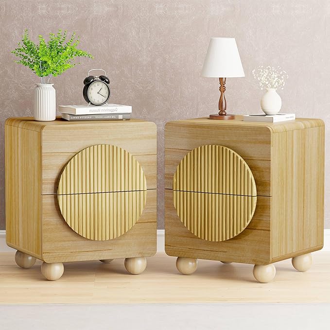 23" Fluted Nightstand with Solid Wood Legs Set of 2, Modern Style Natural Bedside Table with Round Moon Handle & Storage, Mid Century Cute Night Stand for Bedroom, Side Table, End Table