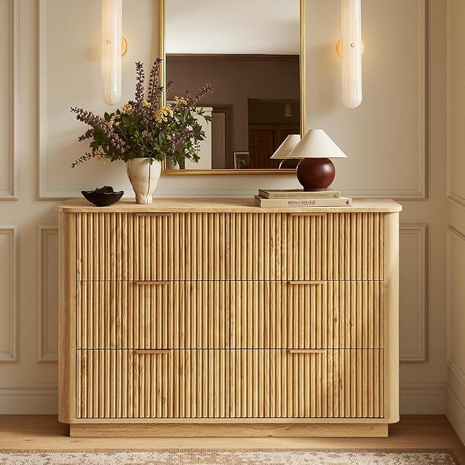 win2win 6 Drawer Dresser, Modern Dresser with Storage, 47" Wide Fluted Chest of Drawers with Faux Marble Top, Dressers TV Stand, Minimalist Drawers Organizer for Bedroom, Living Room, Hallway, Oak