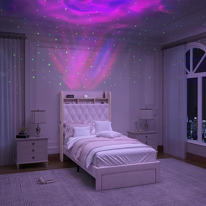 Twin LED Bed Frame with Storage Drawer, Velvet Upholstered Platform Beds with Galaxy Star Projector and Speaker, Aurora Bedframe with 2-Tier Storage Headboard for Small Bedroom Apartment, Pink