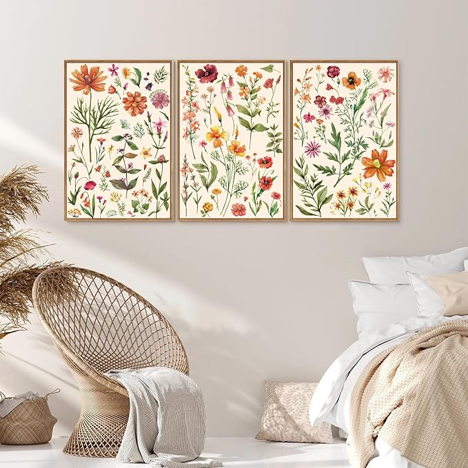 YeeHomedec Boho Wildflower Framed Canvas Wall Art, Colorful Vintage Floral Wall Decor, Watercolor Modern Flower Art Paintings, Neutral Botanical Picture Artwork for Girl Bedroom Living Room 16"x24"x3