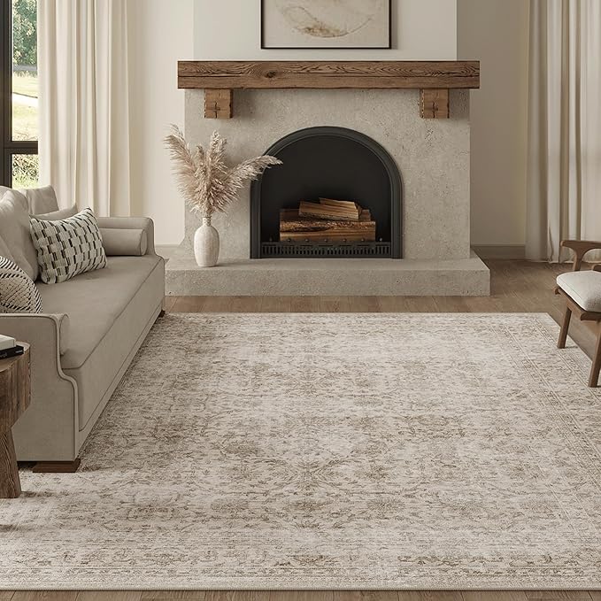 FMFUNCTEX 6x9 Washable Area Rug Beige Vintage Neutral Distressed Large Non Slip Carpet for Living Room Bedroom Soft Low Pile Indoor Mat Retro Floral Throw Rug for Dining Room Kitchen Office Nursery