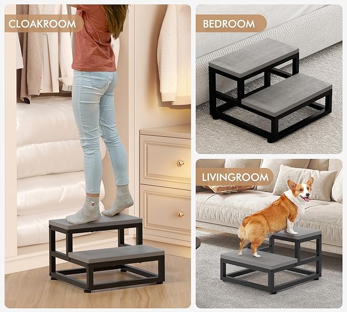 Y&M Two Step Stool for Adults Kids, Bed Step Foot Stool with Adjustable Non-Slip Feet, Portable Sturdy Metal Frame Stepping for Kitchen Bathroom Bedroom Living Room, Indoor or Outdoor Use, Grey