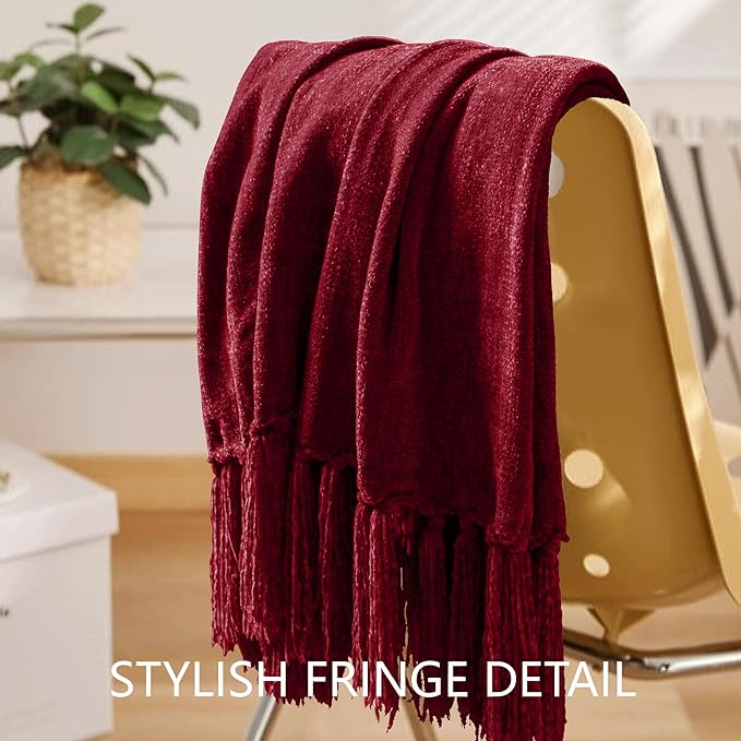 Chenille Throw Blanket for Couch 50"X 60", Soft Cozy Throws with Fringe Tassel for Bed Sofa Chair Cover, Lightweight Knitted Decorative Boho Blankets for Living Room, Red
