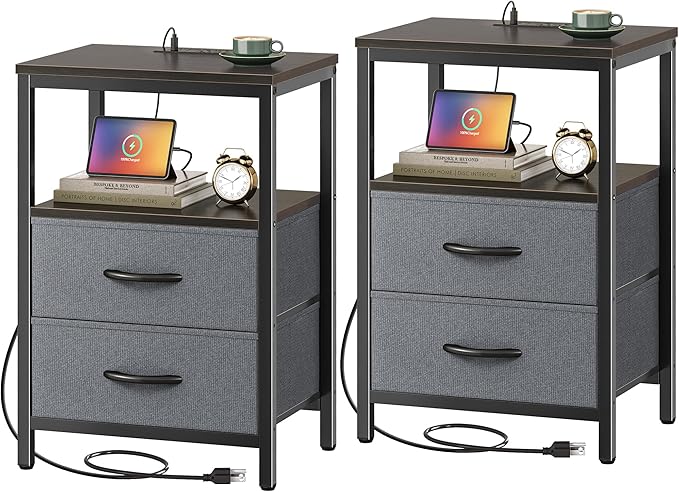 Huuger Nightstands Set of 2, End Tables with Charging Station, Fabric Drawers, Bedside Tables with USB Ports and Outlets, Night Stands for Bedroom, Walnut