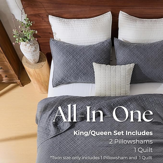 Cali King Quilt Set with Shams Lightweight Quilted Bedspread Coverlet Thin Comforter Bed Cover Vintage Washed Quilted Blanket for All Season, Brushed Microfiber Diamond Stitching, Ash Gray, 111"x92"