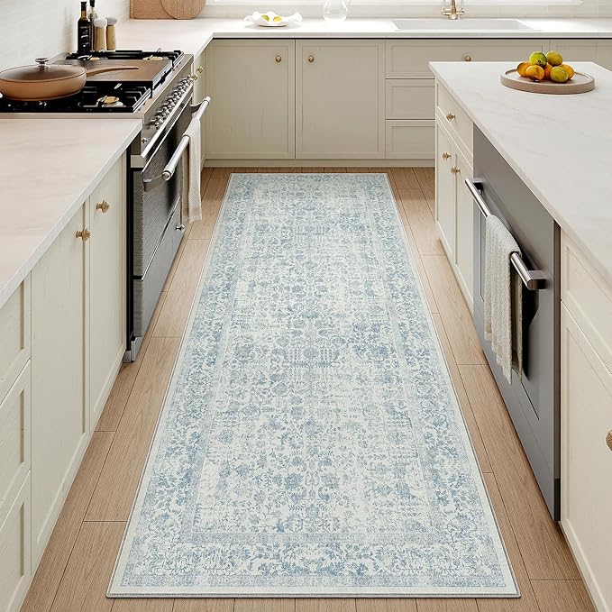 Blue Runner Rug 3x14 Hallway Machine Washable Kitchen Vintage Distressed Non Slip Long Carpet Indoor Retro Floral Bedroom Accent Throw Rug for Bathroom Office Laundry Dining Living Room