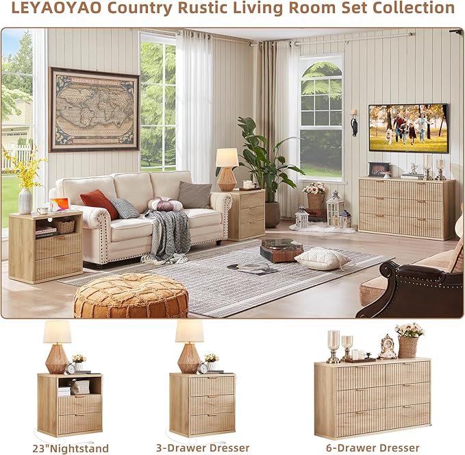 LEYAOYAO 48" Wide Fluted Dresser and 23" Nightstand Set of 2, Wooden Dresser & Night Stand with Charging Station, 3 Piece Bedroom Furniture Set, Chest of Drawer for Living Room,Natural Wood
