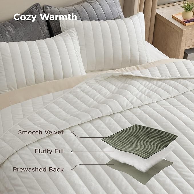 Bedsure Velvet Quilt Queen Size Set - Lightweight Velvet Comforter Queen, Luxury Bedspread Coverlet, Ultra-Soft Winter Bedding Set with 2 Pillow Shams, 90"x96", Cream White