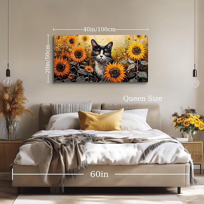 SERIMINO Large Wall Art Canvas Prints, Sunflower Cat Wall Art Aesthetic, Cute Animal Modern Home Decor Paintings, Yellow Landscape Pictures Wall Decor Living Room Dining Room Office Decor 20"X40"