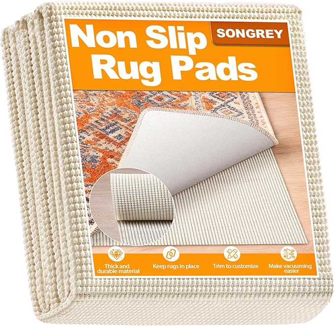 Songrey Non-Slip Rug Pad 9x12 FT, Extra Thick Carpet Pads for Hard Surfaces, Prevents Sliding and Secures Rugs, Provides Floor Protection with Comfort Cushioning