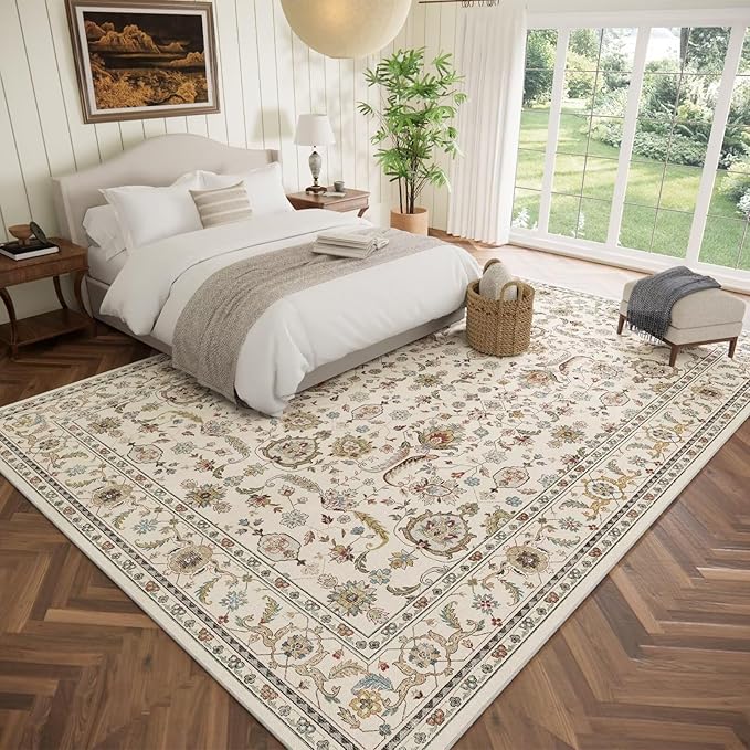 Washable 10x14 Area Rugs for Living Room, Boho Non-Slip Vintage Distress Large Rugs for Bedroom Dining Room Office, 0.3" Neutral Oriental Throw Thin Carpet, Beige/Rust/Green/Multi