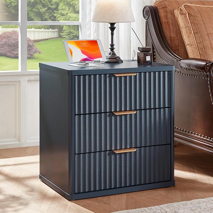 LEYAOYAO 48" Wide Fluted Dresser and 23" Nightstand Set of 2, Wooden Dresser & Night Stand with Charging Station, 3 Piece Bedroom Furniture Set, Chest of Drawer for Living Room,Blue