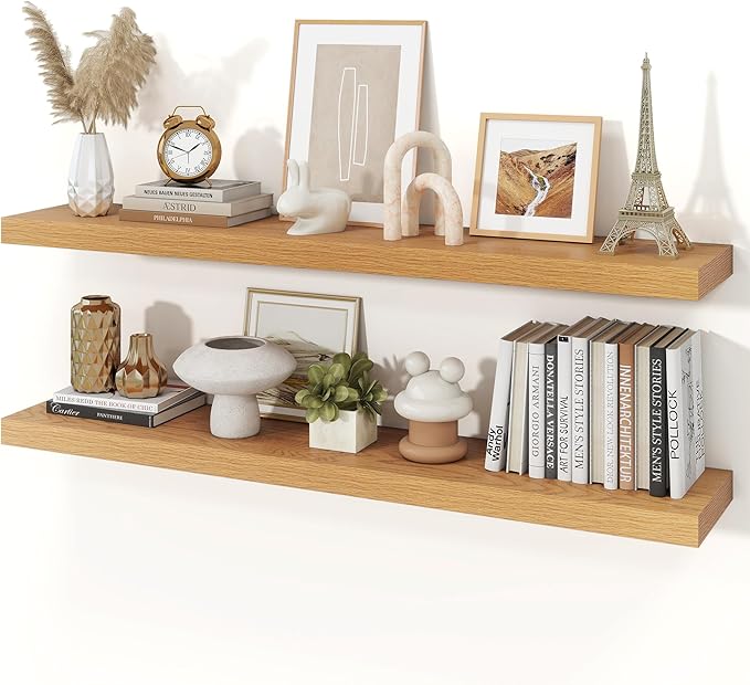 Floating Shelves for Wall, 9.3" Deep Wall Mounted Wood Shelves for Bathroom, Bedroom, Living Room, Kitchen, Hanging Shelf for Books/Storage/Room Decor (Oak, 48")