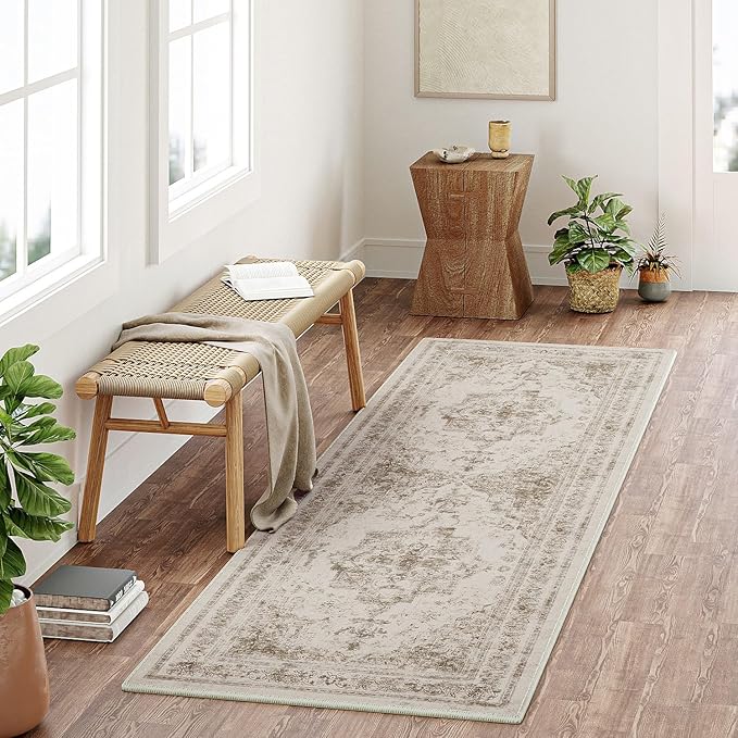 Runner Rug 2x6 Beige Hallway Washable Carpet Non Slip Vintage Medallion Carpet Low Pile Soft Distressed Retro Indoor Long Rug for Entryway Kitchen Bathroom Laundry Bedroom