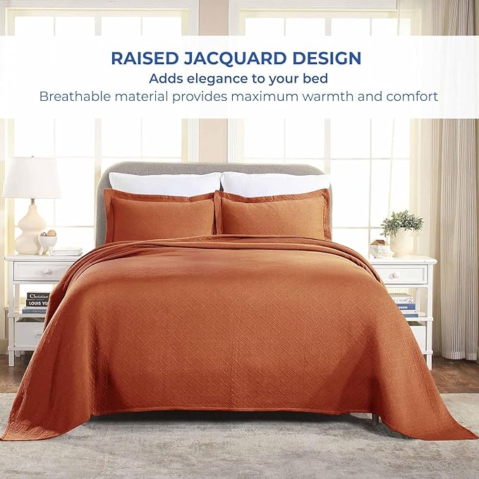 Superior 3 Piece Basketweave Cotton Bedspread Set, Home Bed Decor, Decorative Bed Spread, 2 Pillow Shams, Medium Weight Blanket, Matelasse Coverlet Bedding, Geometric Lattice Pattern, King, Mandarin