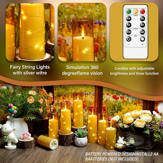 Flameless LED Candles with Timer 24 Pc Flickering Flameless Candles for Romantic Ambiance and Home Decoration Stable Acrylic Shell,with Embedded Star String，Battery Operated Candles(Gold)