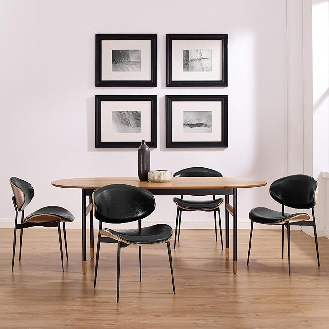 Art Leon Modern Faux Leather Dining Chairs, Set of 2, Mid Century Desk Chair No Wheels, Armless Accent Chair with Black Metal Legs, Black/Walnut