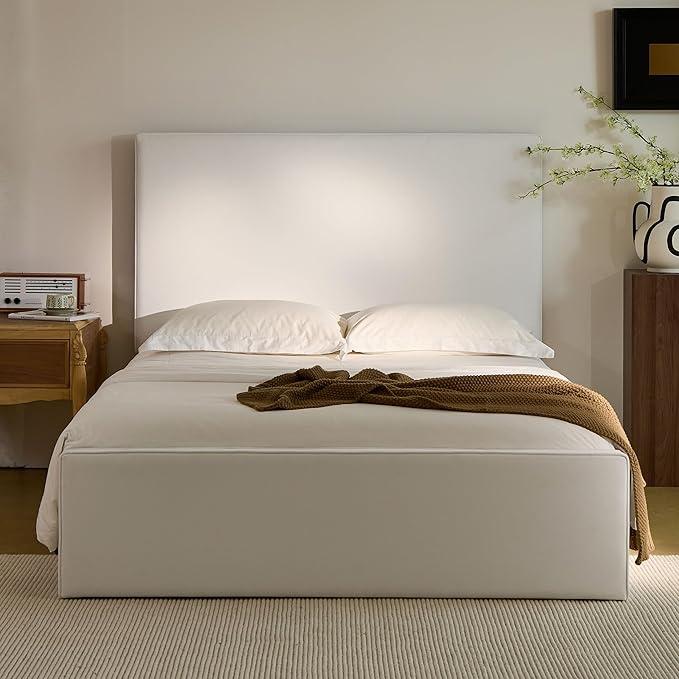 King Size Upholstered Bed Frame, 52" High Headboard Wingback Bedframe, Lucas Tall Headboard Floor Platform Beds, No Box Spring Needed No Noise/Minimalist/Coconut Micro Suede, White