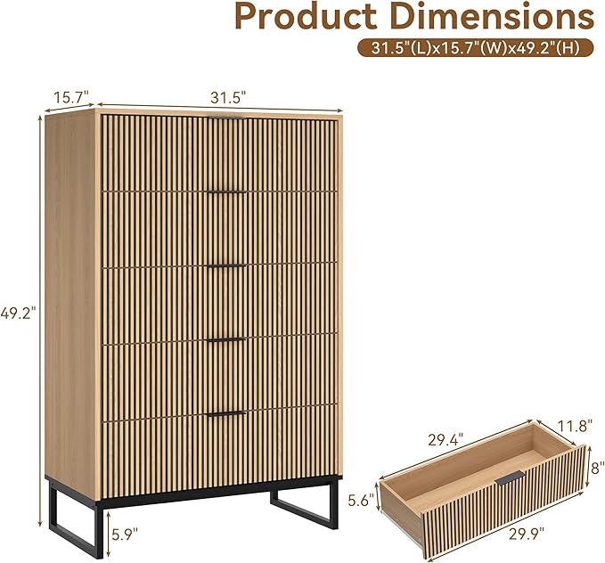 5 Drawers Dresser, 49.2’’ Tall Modern Chest of Drawers for Bedroom, Large Closet Dressers with Drawers, Wooden Drawer Dresser for Bedroom, Living Room, Hallway