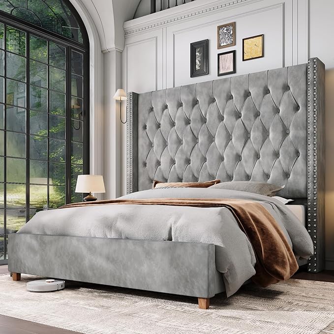 Jocisland California King Bed Frame with 61.4" Tall Wingback Headboard, Velvet Upholstered Platform Bed, Handcrafted Pleats& Deep Button Tufted, Solid Wood Legs, No Box Spring Required, Gray