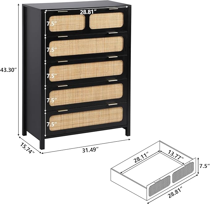 LEVNARY 5 Drawer Chest Dresser, Rattan Tall Dresser 5 Chest of Drawers Dressers for Bedroom, Wooden Storage Cane Cabinet with Metal Handles for Living Room Hallway (Black)