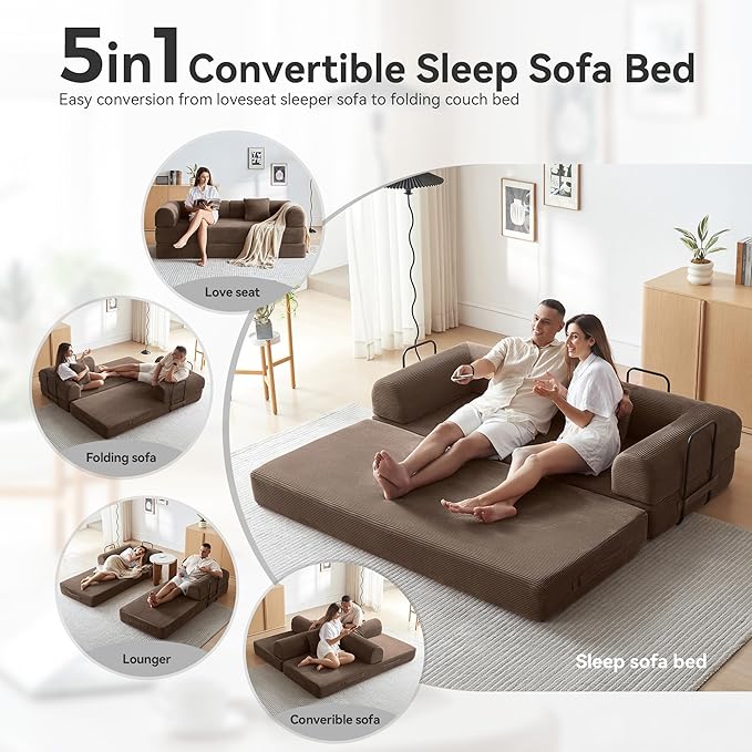 Convertible Modular Sleeper Sofa Bed, Mid Century Modern Decor Love Seat Memory Foam Couches, Sleeper Sofa Bed for Living Room, Solid & Easy to Install Cloud Couch (Brown)
