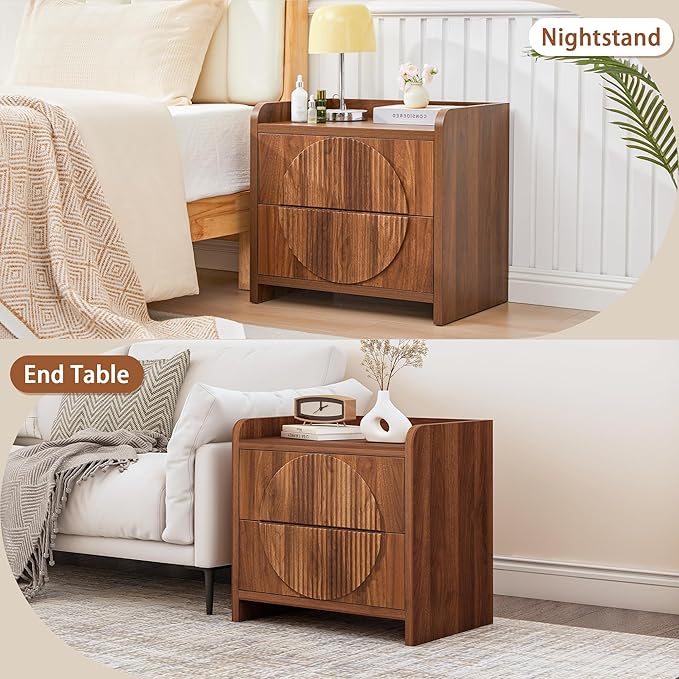Turtle&Myrtle 24 Inch Wide Fluted Nightstands, Large Night Stand with 2 Drawers, Mid Century Modern Bedside Table End Table with Storage for Bedroom Living Room Office (Walnut)