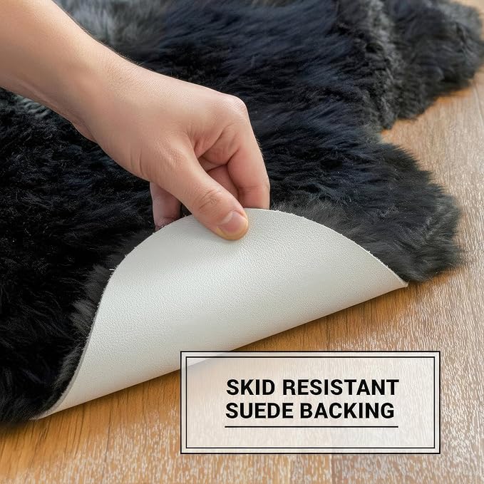 Black Sheepskin Rug 4x6 ft, Genuine Quad Pelt Fluffy Fur Area Rug for Living Room, Bed & Home Decor, Natural Sheepskin Throw