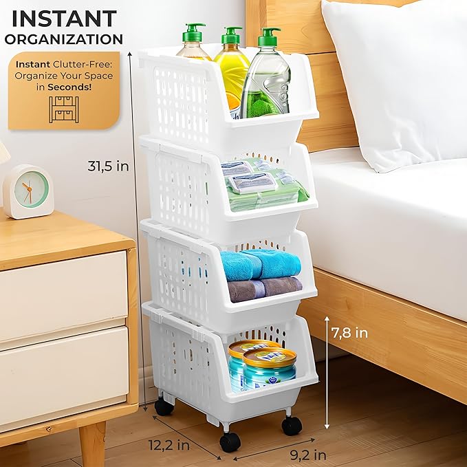 TidyFriend Stackable Storage Bins for Pantry - 4 Pack Small Stackable Bins for Organizing Food, Kitchen, and Bathroom Essentials (White)