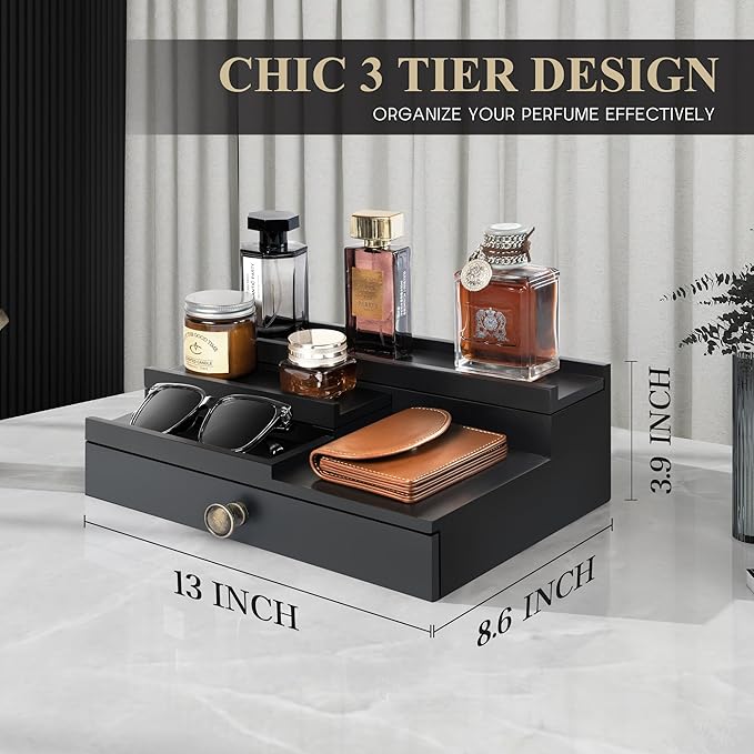 EOSAHR Modern Wooden Cologne Organizer for Men - 3 Tier Cologne Stand with Storage Drawer and Hidden Compartment - Perfume Organizer for Dresser (Black)