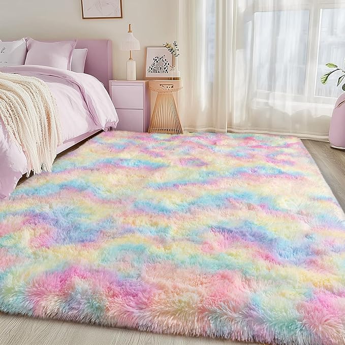 Fluffy Rainbow Rug for Girls Bedroom, 4x6 Cute Colorful Shag Rug for Kids Room, Soft Fuzzy Shaggy Rugs for Living Room Home Decor