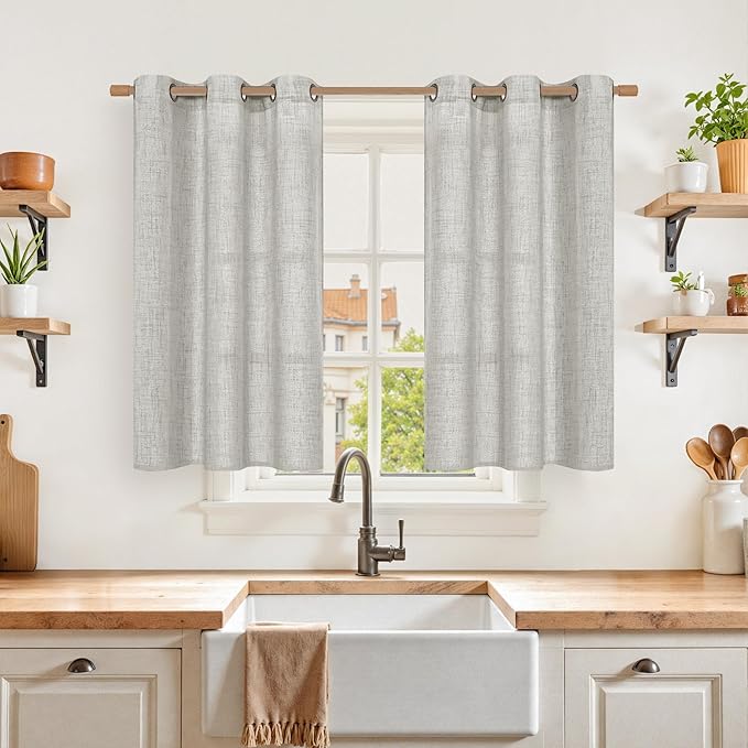 YoungsTex Light Grey Linen Curtains for Kitchen Window 40 Inch Length, Light Filtering Semi Sheer Short Drapes with Bronze Grommet Privacy for Bedroom Bathroom Cafe, 42 x 40 Inch, 2 Panels