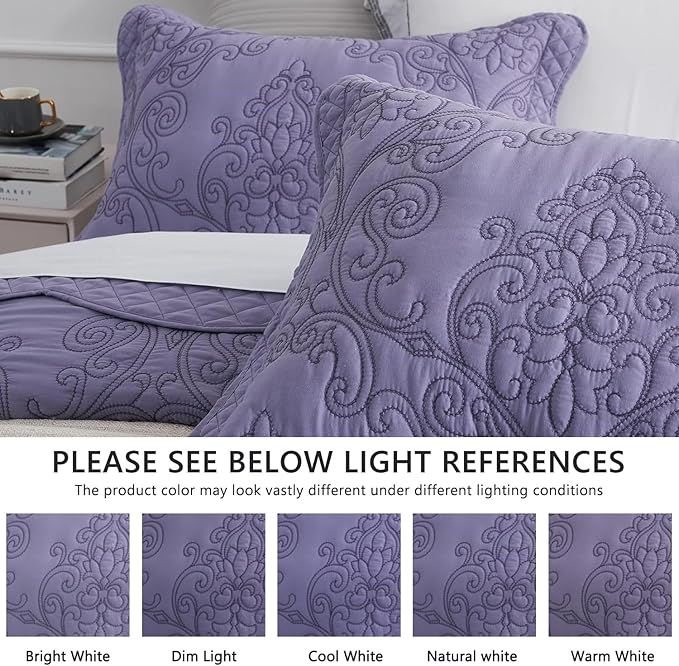 CHIXIN Bedspread Coverlet Quilt Set Full Size - Lightweight Bedding Cover - Beautiful Stitching - 5 Piece Reversible Bedspread - Luxury Damask Paisley Pattern (Full, Lavender)