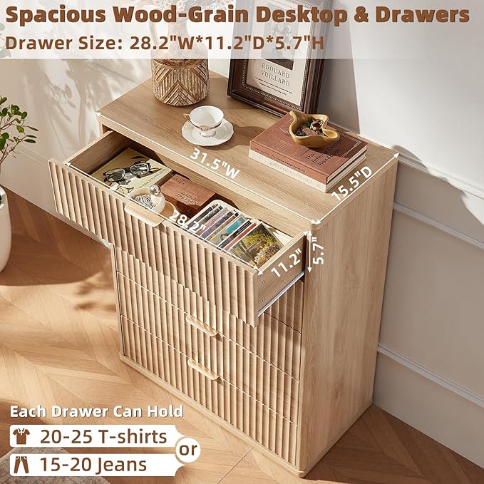 LEYAOYAO Fluted 5 Drawers Dresser Set of 2, 41" Tall Modern Chest of Drawers with Metal Handle, Curved Profile Dresser TV Stand, Wooden Drawer Organizer for Bedroom, Living Room, Hallway, Lightgrey