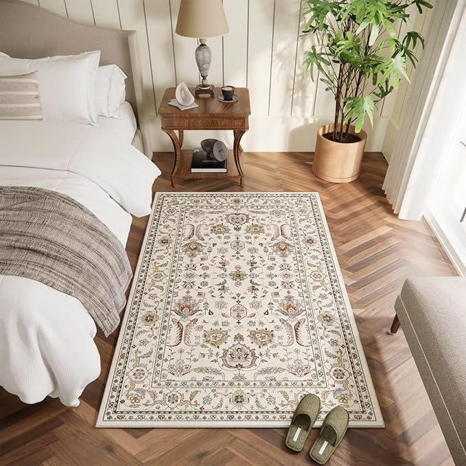 Washable 3x5 Entryway Rug, Boho Non-Slip Vintage Distress Small Rugs for Kitchen Nursery Office Bedroom, 0.3" Neutral Oriental Throw Thin Carpet with Cushioning Pad, Beige/Rust/Green/Multi