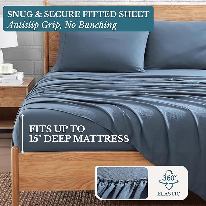 Casa Platino Bedding Sheets & Pillowcases, 3 Piece Set, Pre-Washed Fade Resisitant Cozy Twin Bed Set, 100% Hydro-Brushed Microfiber, Twin Sheet fits up to 15 inch Mattress- Estate Blue