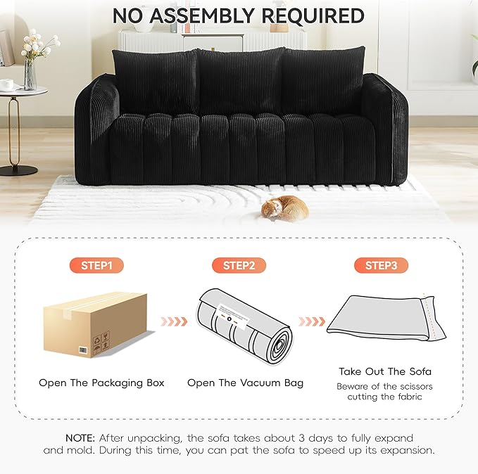 Corduroy Boneless Living Room Sets, Modern Upholstered 3 Seater Sofa with 2 Signle Accent Chairs, Comfy Deep Seat Cloud Sofa Couch Sets for Living Room, Black