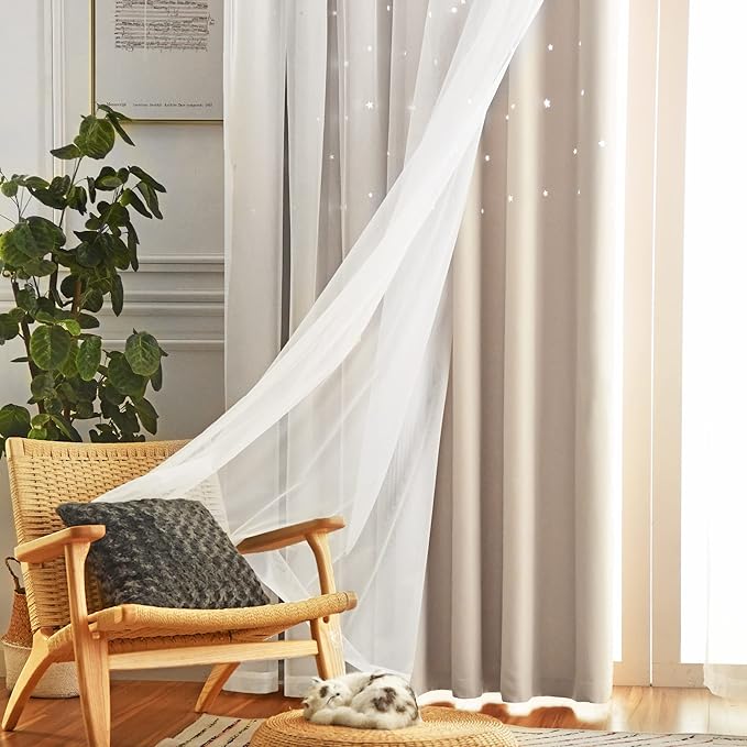 Star Double Layer Blackout Curtains for Bedroom Kids, Cute, 63 Inches Long 2 Panels Set, Beige, 42 X 63 Inches