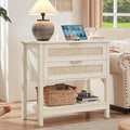 LEYAOYAO 31.5" Wide Rattan Night Stand with Charger Station, Oversized Large Boho Nightstand with 2 Drawer, Grey White Bed Side End Tables, Tall Bedside Table for Bedroom Living Room, Hallway