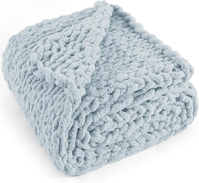 Chunky Knit Throw Blanket 60"X 80", 100% Handmade with Soft Chenille Yarn, 6.7lbs Thick Cable Knitted Blankets, Large Rope Knot Crochet Throws for Couch Sofa Bed Home Decor, Baby Blue