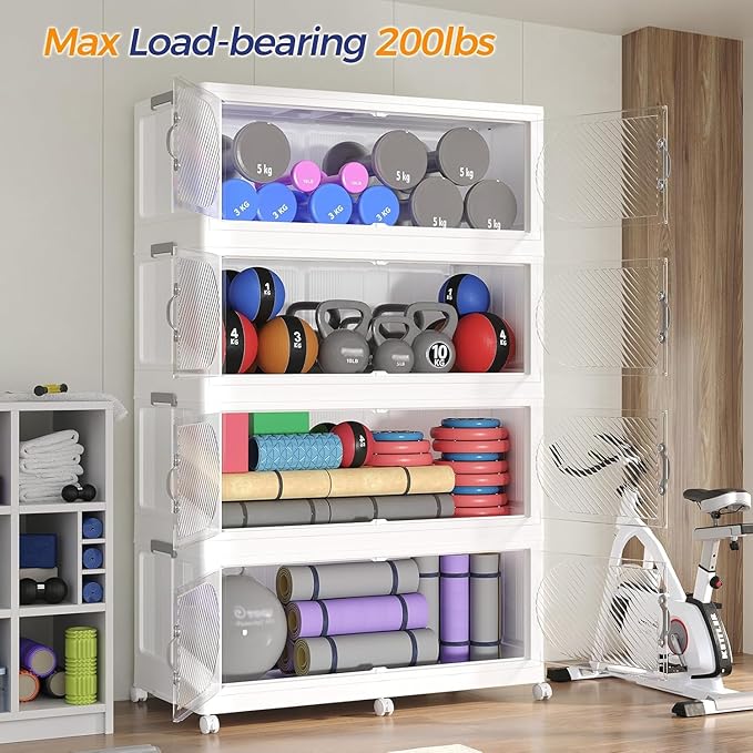 720QT Plastic Stackable Storage Bins with Lid, 180GAL Extra Large Collapsible Box with Wheels Clear Door, Foldable Closet Organizer Container Cabinet Drawer for Home Kitchen，3Pack, White
