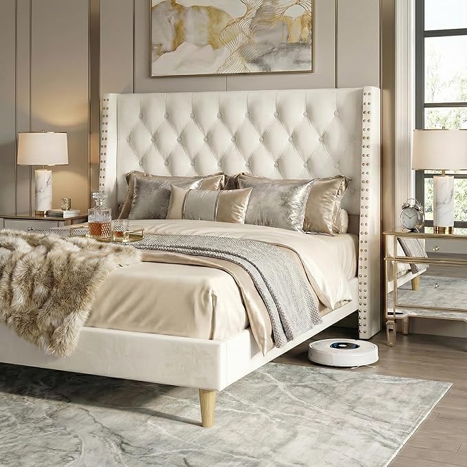 Full Size Bed Frame White Velvet, 47.2" Tall Wingback Headboard with Gold Nailhead Trim, Upholstered Platform Bed with Diamond Tufting, 1000lbs Heavy Duty Support, No Box Spring Needed